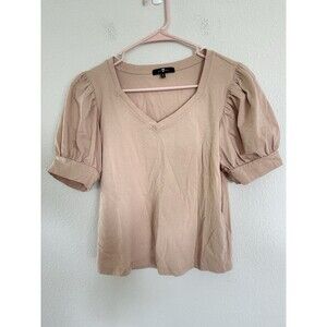 Seven for all Mankind Shirt Size Small Tan Ruched Puff Sleeve V Neck Casual Top